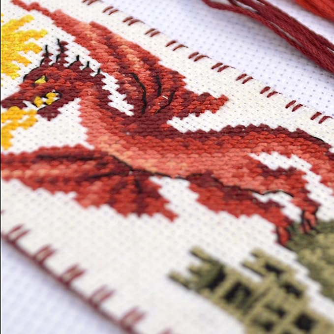 Povitrulya Counted Cross Stitch Kit 'Sun Dragon' - DIY Embroidery Book Marker Set for Adults with Paper Pattern, 16 Count Aida Canvas and Presorted Floss