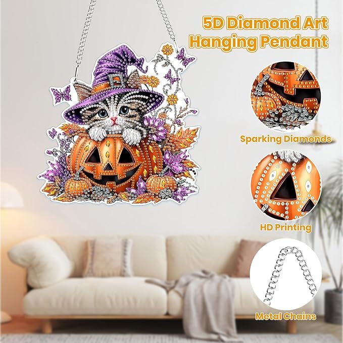 MOGTAA Cat Diamond Art Hanging Pendant Kits, Pumpkin Halloween Diamond Art Kits for Adults, 5D Special Shape Flowers Diamond Painting Gem Art for Home Garden Wall Decor