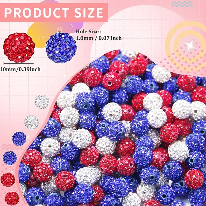 200 Pcs 10mm Rhinestone Beads for Jewelry Making, Blue Red White Shiny Round Shamballa Disco Baseball Necklace Beads Sparkle Crystal Clay Pave Rhinestones Bead for DIY Bracelet Earring Keychain Making