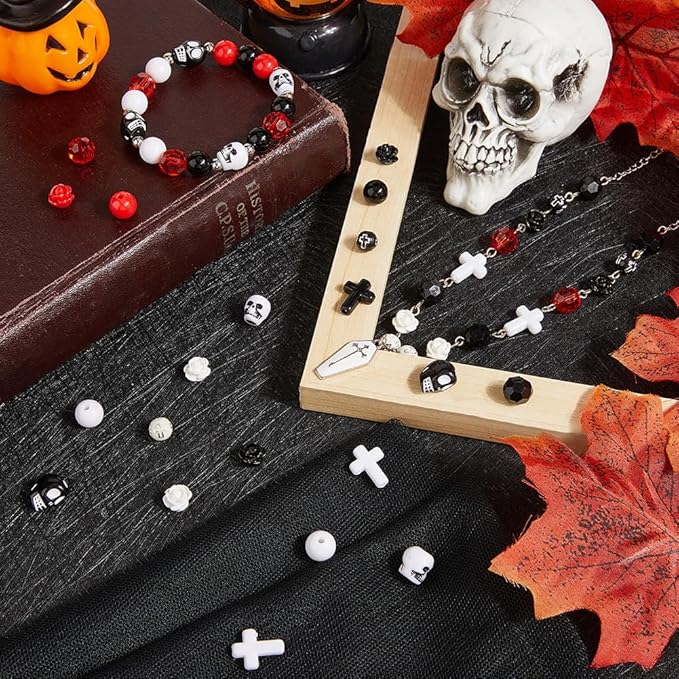 SUNNYCLUE 500Pcs Skull Bead Kit Stone Skull Beads Black Red White Rose Flower Gothic Cross Charm Crosses Charms Halloween Loose Spacers for Jewelry Making Bracelets Necklace Adult Women Gift Supplies
