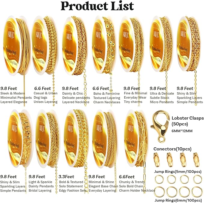 AQNJC Gold Chain for Jewelry Making, 98 Feet 12 Rolls Jewelry Chains with Gold Charms for Women DIY Necklace Bracelet Making Supplies with Jump Rings, Lobster Clasps, Connectors