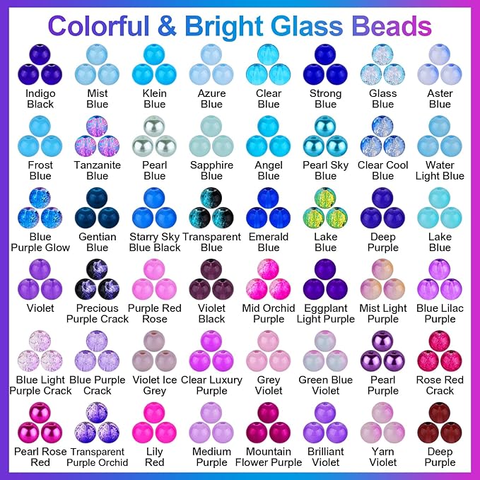 XSEINO About 1200PCS 8mm Glass Beads Bracelet Making Kit，48 Assorted Dreamy Purple and Blue Series Colorful Crystal Beads for Making and DIY Crafts