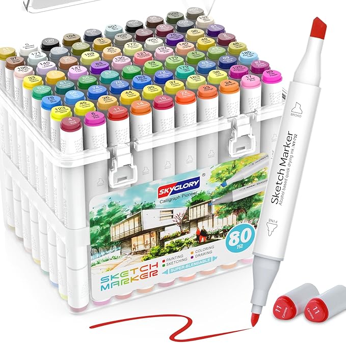 80 color liquor base mark, double pointed (chisel and fine) permanent painting mark, suitable for adult coloring books, sketches, illustrations, with transparent box