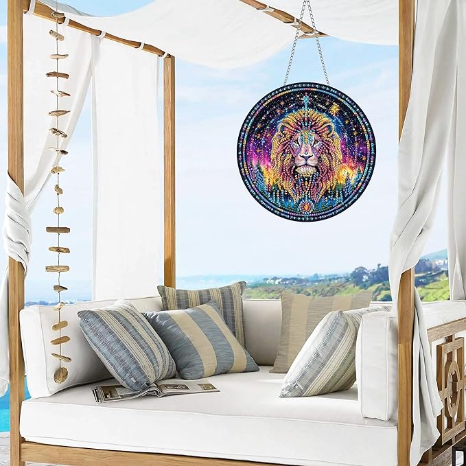 VAIIEYO Lion Diamond Art Hanging Ornament, Animal Diamond Painting Suncatchers Window Hanging Kit with Chain, 7.5x7.5 inch Crystal Pendant Art Craft for Gift Home Wall Front Door Decoration