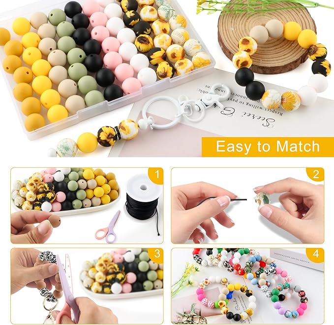 70Pcs Print Silicone Beads for Keychain Making,Round 15mm Silicone Beads for Pens, Necklace and Bracelets Making（Floral Print）