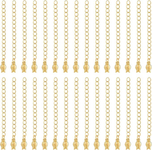 30 Pcs Necklace Extenders,18K Gold Plated Necklace Extender 55 mm,Chain Extender with Tulip Flower Pattern Chain Tabs for Jewelry Making