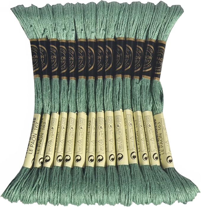LE PAON Embroidery Floss, 14-Pack Six Strands 100% Long Staple Cotton Embroidery Thread, 8.7-Yard，Color Number：163, Celadon Green