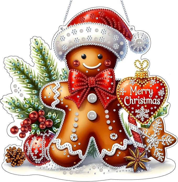 VODAPYC Christmas Diamond Art Hanging Kit for Adults, DIY Double Sided Special Shaped Diamonds Art Window Pendant Ornament for Home Decor(Gingerbread Man)