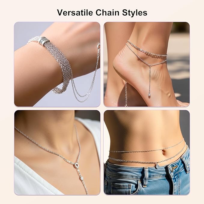 PP OPOUNT Silver Necklace Chains for Jewelry Making, 62.3 Feet 8 Rolls Stainless Steel Chain for Jewelry Making DIY Necklace Bracelet Belt Earrings with Open Jump Rings & Lobster Clasps