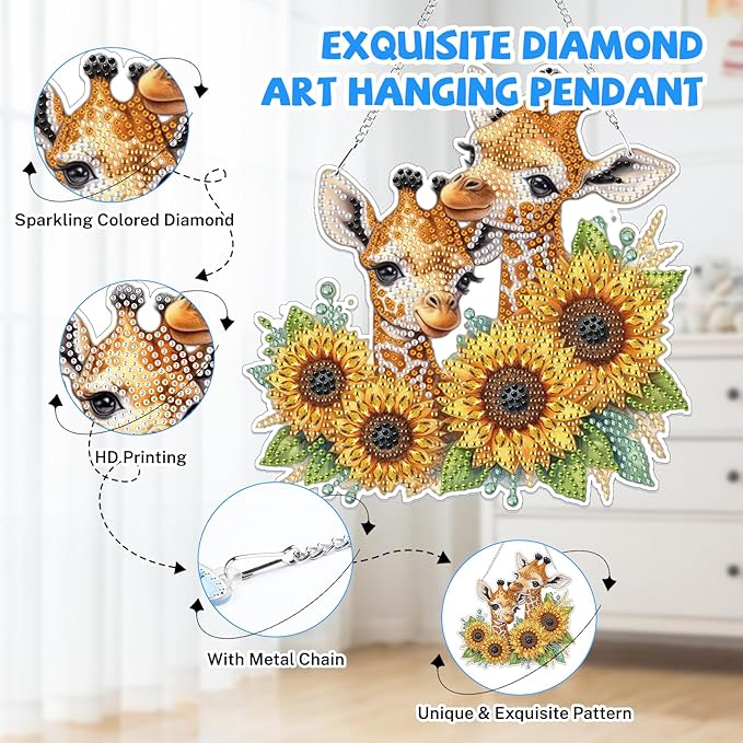 Bowetile Giraffe Hanging Diamond Art Painting Kits for Adults, 5D Sunflower Special Shape Diamond Art Kits, Crystal Rhinestones Diamond Gem Art Painting for Home Wall Decor, New Home Gifts