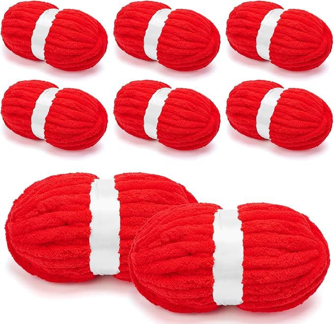 Chunky Chenille Yarn for Crocheting/Arm Knitting, Super Soft Jumbo Knit Blanket Yarn Red 8 Pack (32 yds, 8.5 oz Each Pack)