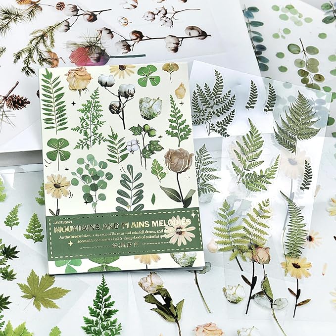 400PCS Plants Floral Scrapbook Stickers Kit Vintage Fern Flowers Green Transparent Waterproof Stickers Book for Scrapbooking Supplies Aesthetic Junk Journal Journaling Craft 20-Page