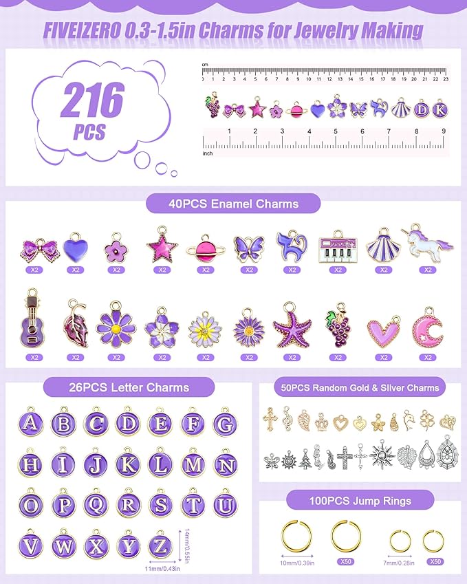 FIVEIZERO 216PCS Bracelet Charms for Jewelry Making – Assorted Gold & Silver Metal Enamel Pendants with Jump Rings for Necklaces, Earrings, & DIY Jewelry Crafts(Purple)