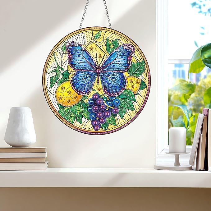 Wergund 5D DIY Butterfly Diamond Art Hanging Kits, Hanging Diamond Art Lemon Grape, Acrylic Special Shaped Rhinestone, Window Hanging Pendants for Home Wall Garden Front Door Outdoor Decor Gift