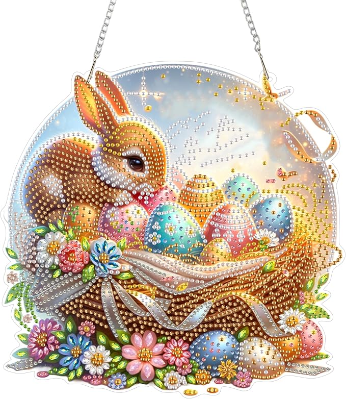 Yunzlly DIY Hanging Diamond Art Pendant Kit, Special Crystal Double Sided Diamonds Painting Ornament Kit for Adults, Acrylic Gem Painting Board for Window&Door&Wall (Rabbit and Eggs)