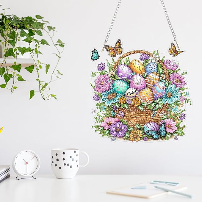 MAXBYE Easter Hanging Diamond Art Kits for Adults Colorful Eggs with Butterflies, Special Crystal Double Sided Pendant DIY Diamond Art Painting Kits for Beginners Gift Wall Home Decoration 8×12Inch