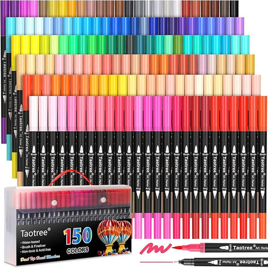 Taotree 150 Colors Dual Tip Art Markers Pens for Adult Coloring Book, Artist Fine & Brush Tip Coloring Markers Drawing Pen for Journaling Note Taking Lettering Calligraphy Craft Art Supplies Set