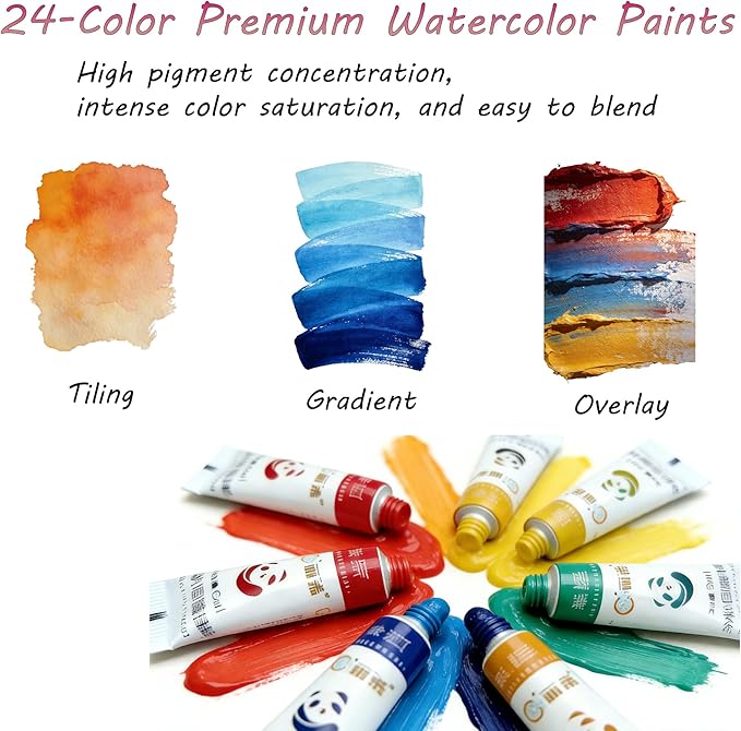 Mini Watercolor Travel Set - 24 Colors Travel Watercolor Kit with 2 Sketchbooks & 2 Water Brushes & Copper Clip, Magnetic Folding Palette for Outdoor Painting, Artists and Painting Enthusiasts