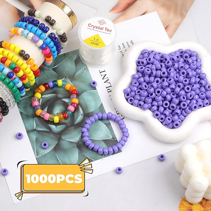 Plastic Pony Beads, 1000 Pcs, 6x9mm, for Bracelet, Hair Braiding, Friendship Bracelets, Jewelry Making (Purple)