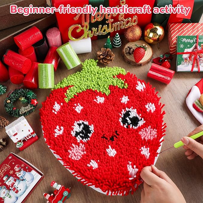 Strawberry Latch Hook Mini Rug Kit Strawberry DIY Valentine Craft for Kids Adults Beginner Making Your Own Crochet Carpet Printed Canvas Yarn Rug Hooking Kit Cross Sewing Christmas Gift for Home Decor
