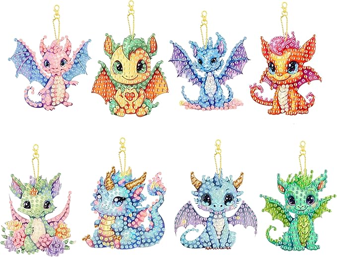 Masendp 8 Pieces Diamond Painting Keychain Cartoon Style Diamond Art Jewelry Double Sided 5D Diamond Painting Kit for Beginners Adult DIY Art Craft Gift Home Decor (Dragon)