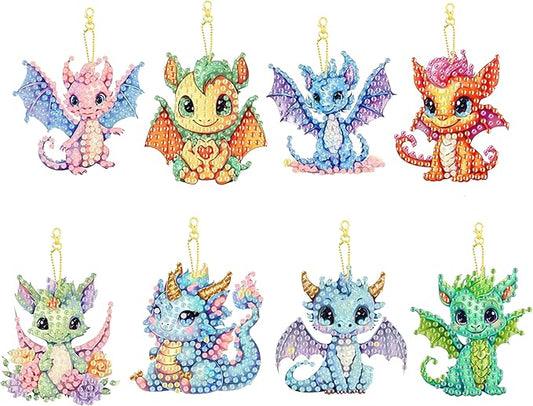 Masendp 8 Pieces Diamond Painting Keychain Cartoon Style Diamond Art Jewelry Double Sided 5D Diamond Painting Kit for Beginners Adult DIY Art Craft Gift Home Decor (Dragon)