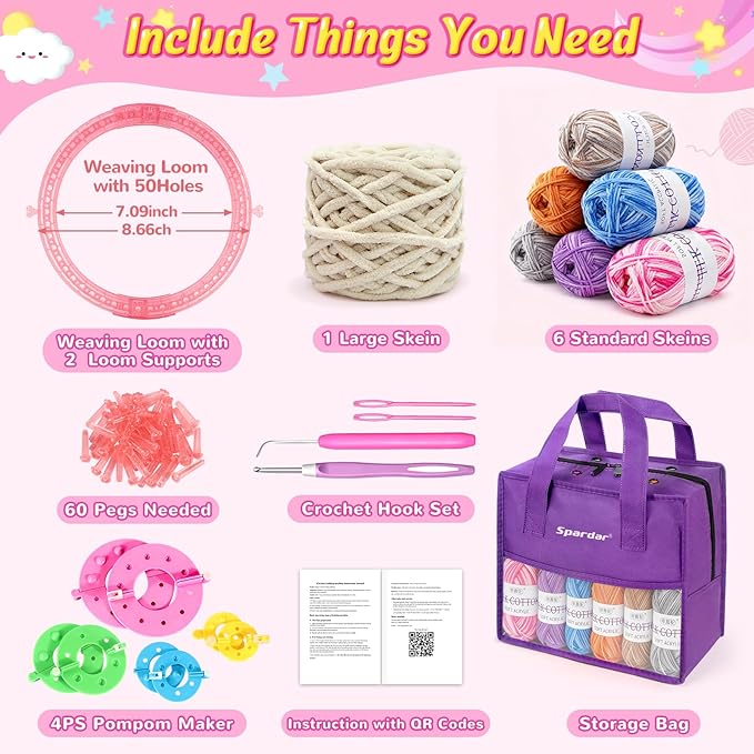 Spardar Hat Knitting Kit, Weaving Loom Kit with Portable Storage Bag, Includes Knitting Tools, 8*Pom-Pom Makers, 7 Color Yarns, Knit Hats, Scarves, Ideal Christmas or Birthday Gift, Pink