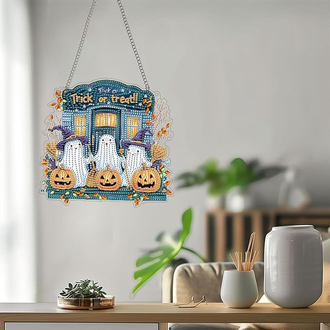 Bimkole Trick or Treat Ghost Diamond Art Hanging Kit, DIY 5D Diamond Art Halloween Window Pendant, Acrylic Crystal Art Hanging Ornament Home Wall Garden Front Door Sign Outdoor Decor 7.8x7.8 Inch