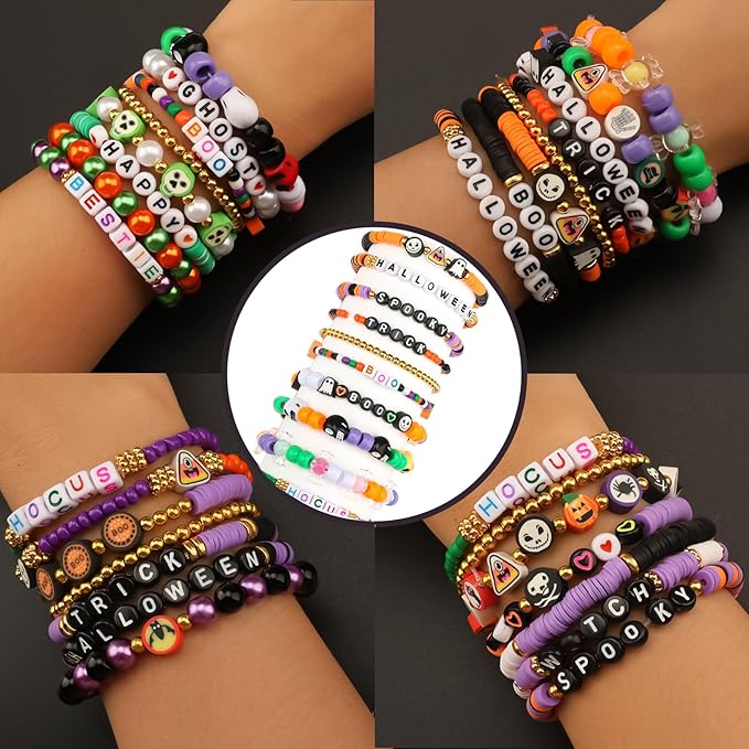 3010 Pieces Halloween Bracelet Making Kit, Assorted Halloween Bead Polymer Clay Beads Skull Beads Glasses Pearl Bead for Necklace Jewelry Making DIY Crafts