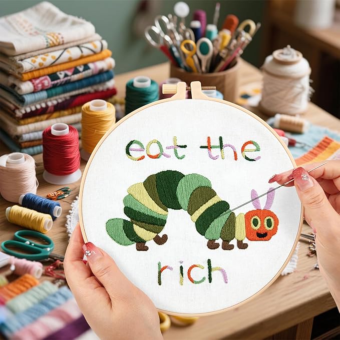 Hungry Caterpillar Embroidery Kits for Beginners Adults, Cute Embroidery Starter Kits, Counted Cross Stitch Kits for Beginners DIY Craft Kits for Adults Women, Embroidery Hoop, Thread & Video Tutorial