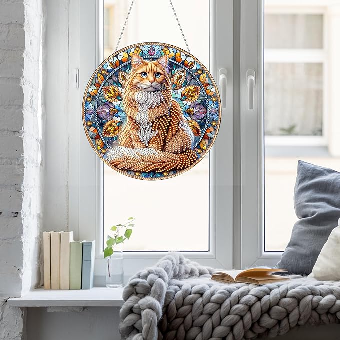 Generic DIY Hanging Diamond Pendant Special Shaped Crystal Diamond Art Painting Ornament Single Sided for Window Home Garden Wall Door Decor-Orange Cat
