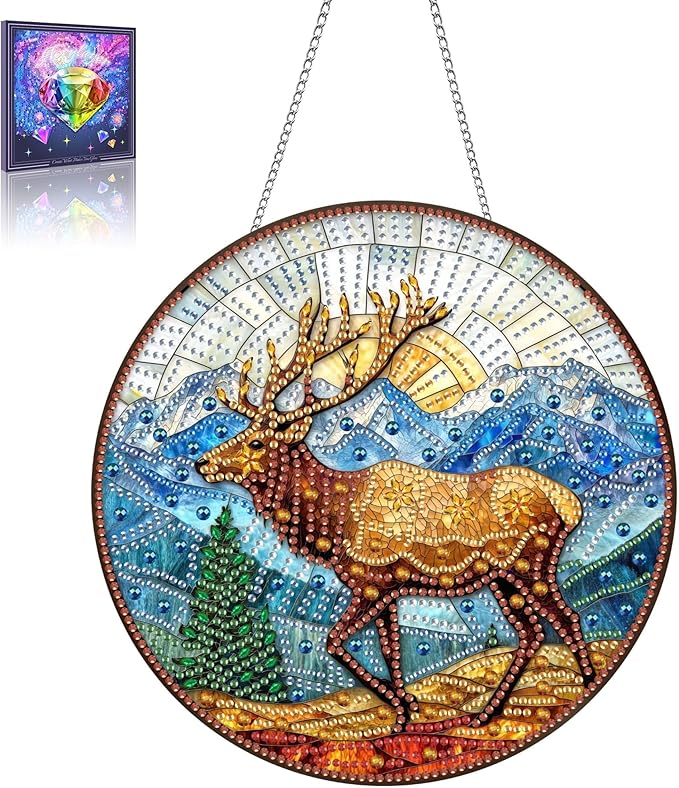 Wergund 5D DIY Elk Diamond Art Hanging Kits, Hanging Diamond Art Animal, Acrylic Special Shaped Rhinestone, Window Hanging Pendants for Home Wall Garden Front Door Outdoor Decor Gift(Elk)