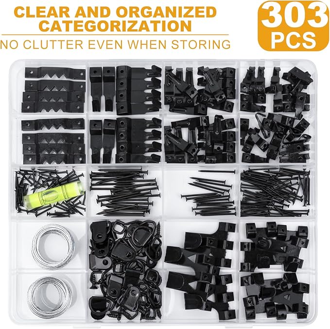KURUI 303Pcs Picture Hangers for Wall Art Decor Tapestry, Picture Hanging Kit With Heavy Duty Wall Hooks, Sawtooth, Picture Wire, D Rings, Hardware Nails, Eye Hooks, Black Frame Hooks for Drywall Wood