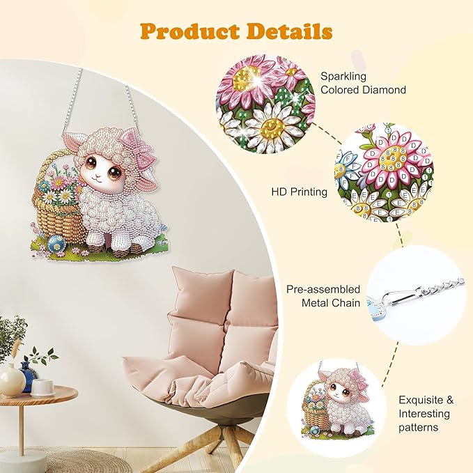 HEIBAGO Easter Lamb Diamond Art Hanging Kits for Adults, Diamond Art Suncatchers Sheep, 5D Special Shape Diamond Painting Pendant, DIY Window Ornament Gifts for Home Garden Door Wall Decor 8.3 x 8.3In