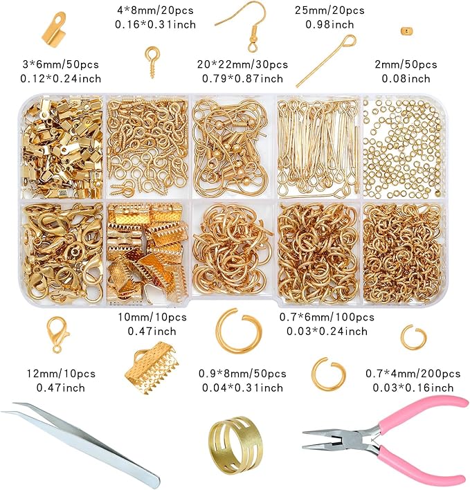 Gacuyi Jewelry Making Supplies Kit, Jewelry Repair Tools Kit with Pliers, Open Jump Rings, Lobster Clasps, Earring Hooks, Eye Pins, Findings and Beading Wires for Adults and Beginners (KC Gold)