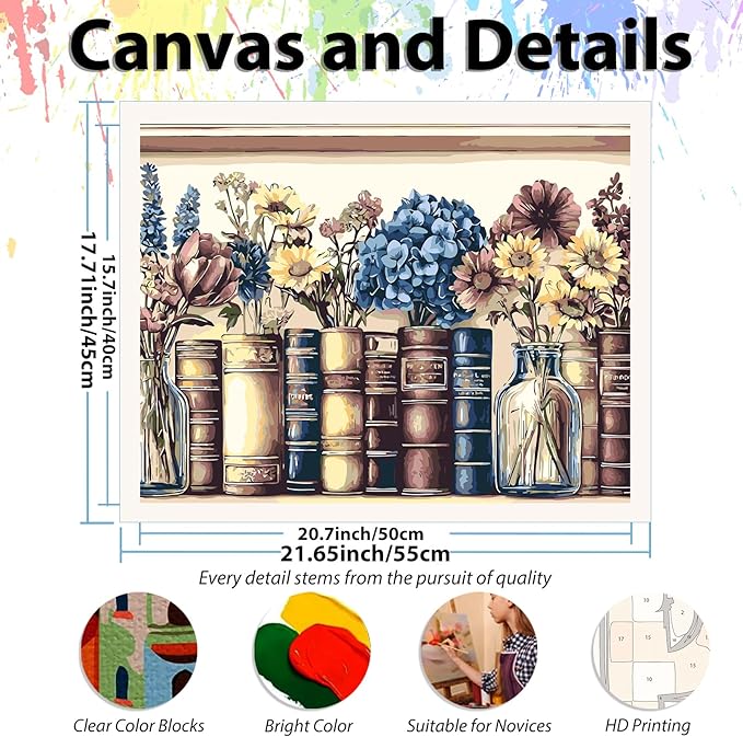 Books Paint by Numbers Kit for Adults Beginners, Adult Paint by Number Kits on Canvas Books, Painting by Number DIY Crafts Acrylic for Gift Home Decor 16x16 in