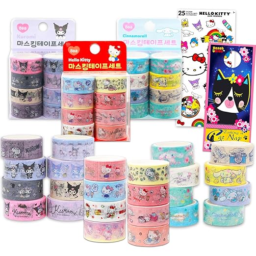Sanrio Washi Tape Variety Pack - Bundle of 24 Cinnamoroll, Hello Kitty Kuromi Masking Tape Rolls - DIY Crafts, Scrapbooking, Journals, More Stationery