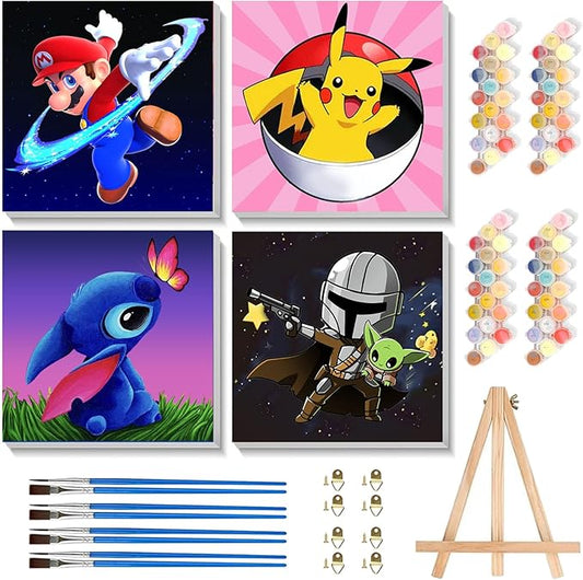 KOJEFCV 4 Pack Cartoon Paint by Numbers for Kids with Framed Canvas-with Wooden Easel, Paint by Number for Kids Ages 4-8-12, DIY Easy Acrylic Oil Painting Kits for Home Wall Decor (8X8inch)