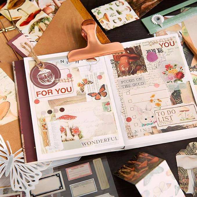 joychoic vintage journaling kit, mushroom junk journal supplies, brown scrapbooking materials, large aesthetic scrapbook collection for women, arts craft, adults daily