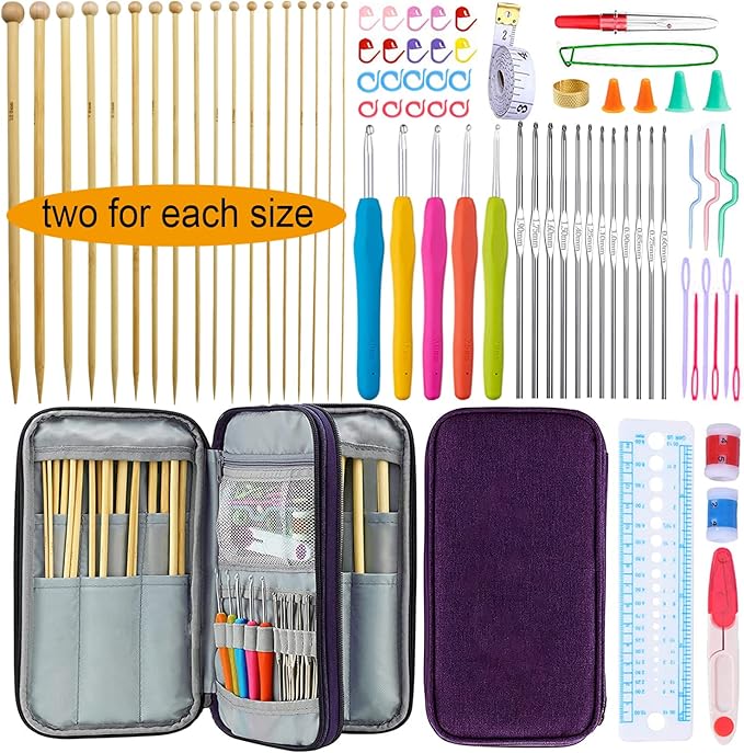 Mdoker 95pcs Knitting Needles Kit&Crochet Hooks Set 36 Straight Bamboo Knitting Needle 12 Small Size Lace Crochet Hook 5 Ergonomic Crochet Needles Knitting Set with Knitting Supplies&Accessories