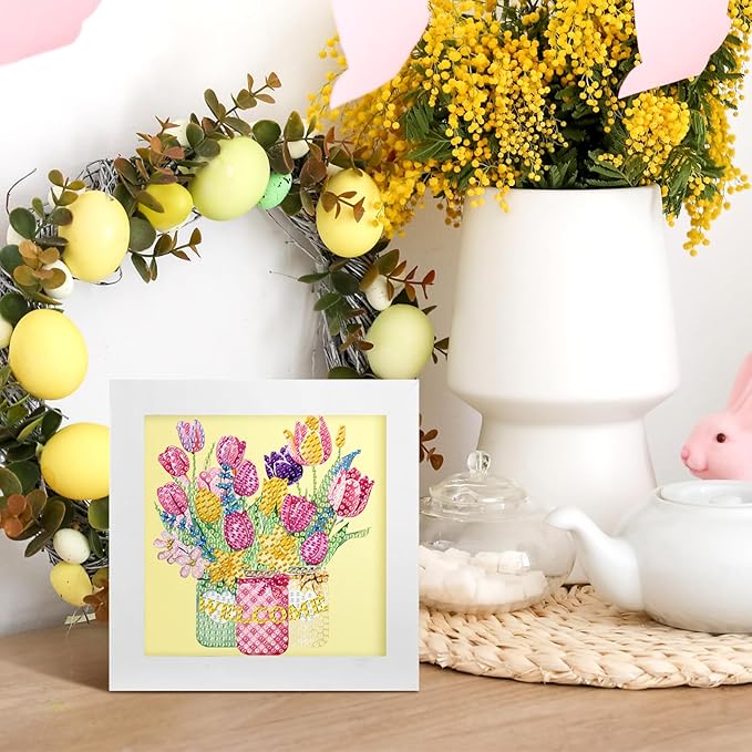 Geyoga 4 Pcs Spring Diamond Painting Kits with Frame Spring Tulip Flower Gnome Diamond Art Kits for Adults Beginner Kids DIY Arts and Crafts Crystal Rhinestone Gem Art Table Decor Gift 7 x 7 Inch