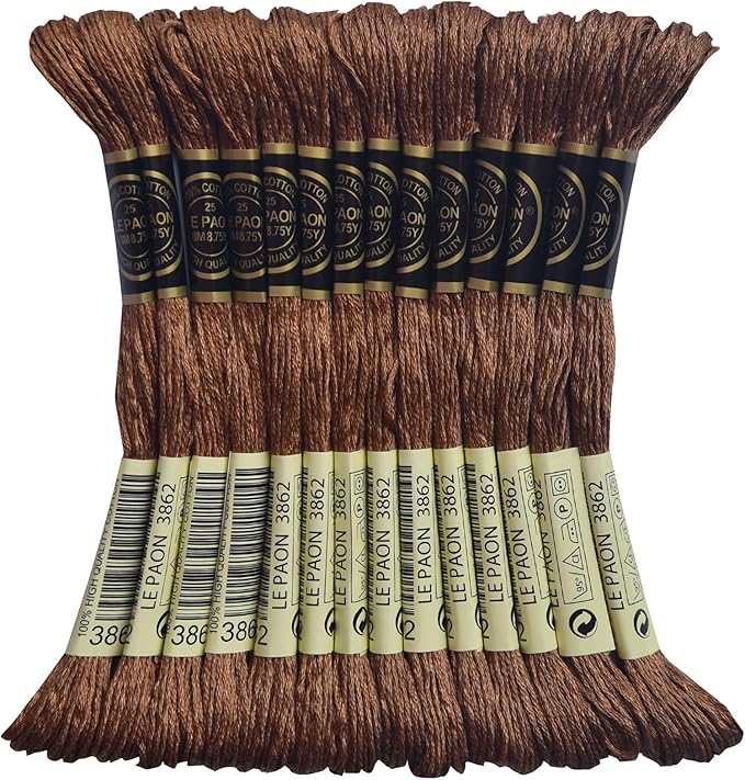 LE PAON Embroidery Floss, 14-Pack Six Strands 100% Long Staple Cotton Embroidery Thread, 8.7-Yard，Color Number：3862,Dark Mocha Beige