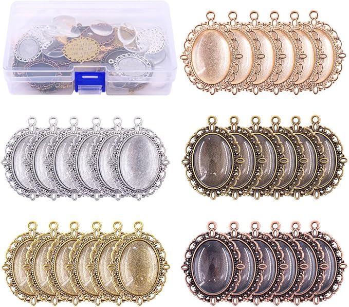 Swpeet 60 Pcs Pendant Trays Kit, Including 30 Pieces 5 Colors Pendant Trays Oval Bezels with 30 Pieces Glass Dome Tiles for Crafting DIY Jewelry Making