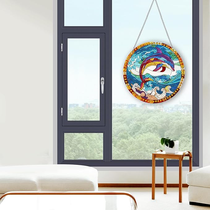 Pavemlo Hanging Diamond Art Kits for Adults Dolphin – 8x8 Inch Double-Sided Acrylic Board DIY Crystal Diamond Suncatcher Pendant, Sparkling Home Wall or Window Decoration Handmade Gift