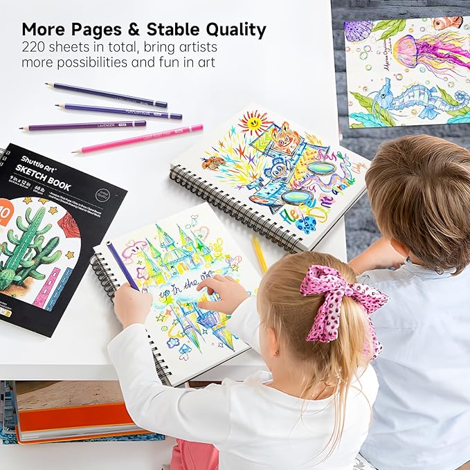 shuttle art 9x12” sketchbook, 220 sheets total, pack of 2(110 sheets each), 68lb/100gsm thick paper, spiral bound mixedmedia sketch pad, acid-free drawing pad for kids adults artists sketching drawing