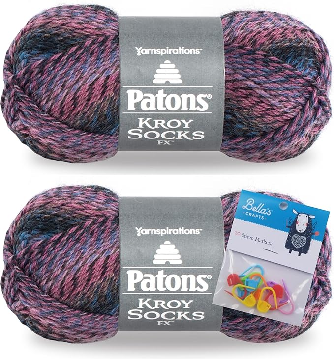 Patons Kroy Socks FX Yarn 2-Pack Bundle with Bella's Crafts Stitch Markers (Cameo Colors)