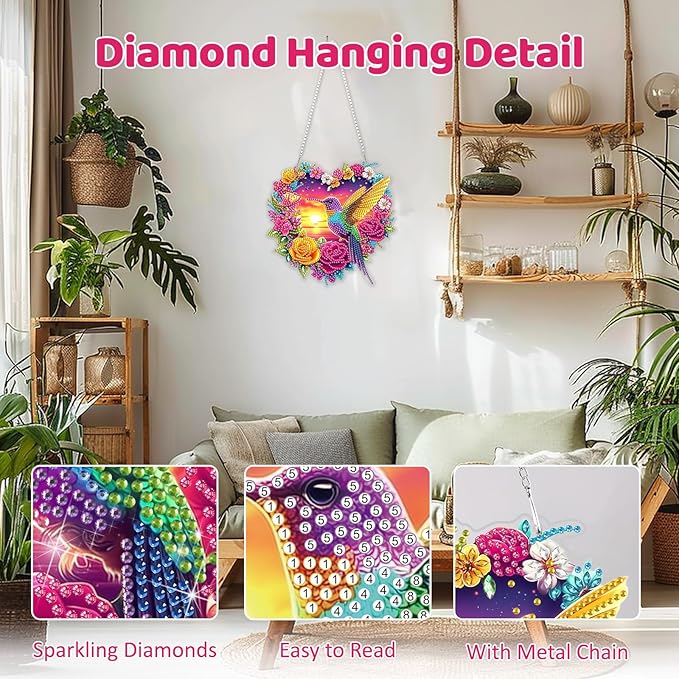 MEIYUDA Valentine's Day Diamond Art Hanging Kits for Adult, Flowers Hummingbird Diamond Painting Kits Ornaments, DIY Love Special Shaped Rhinestone Window Pendant kit for Home Garden Wall Decor Gift