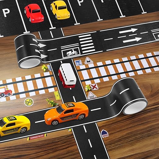 6 Rolls Roadway Tape, Race Cars Decorations for Kids Birthday Party, Race Track Tape Easy to Stick and Tear Without Leaving Any Traces, 92 FT Long 4 Types of Road Tape