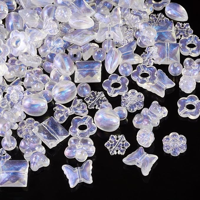 FASHEWELRY 120pcs Clear Acrylic Beads Transparent Mixed Cute Beads for Bracelets, Glitter Powder Bear Bowknot Rabbit Flower Pony Beads Bulk for DIY Keychain Necklace Jewelry Making