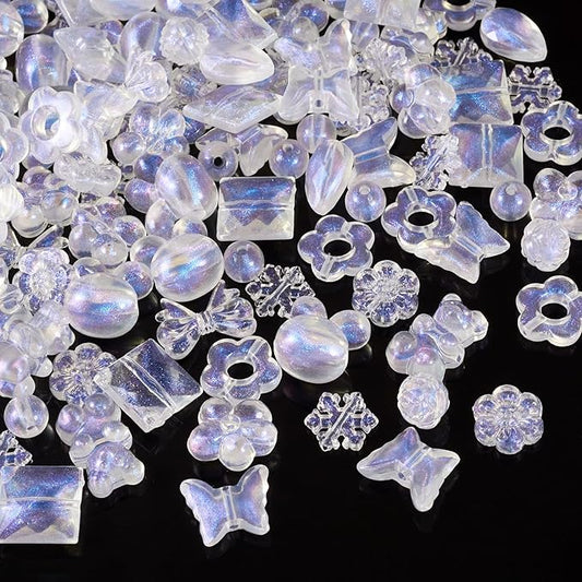FASHEWELRY 120pcs Clear Acrylic Beads Transparent Mixed Cute Beads for Bracelets, Glitter Powder Bear Bowknot Rabbit Flower Pony Beads Bulk for DIY Keychain Necklace Jewelry Making